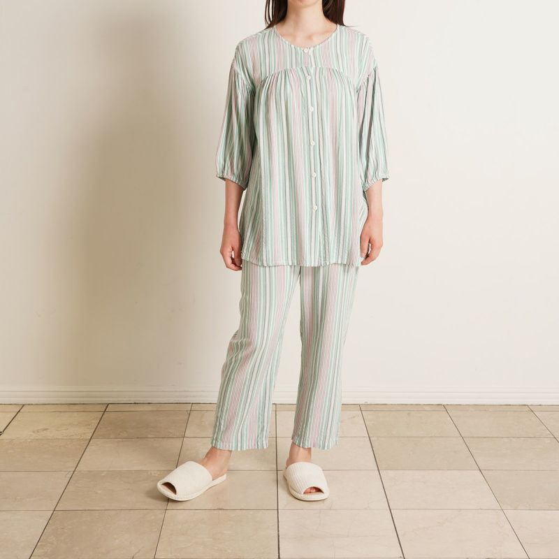美品 KID BLUE シアサッカー ルームウェア 上下セット パジャマ 24CRサッカーストライプ[7分袖パジャマ] | KID BLUE OFFICIAL