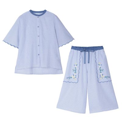 25ストライプエンブ[5分袖パジャマ]